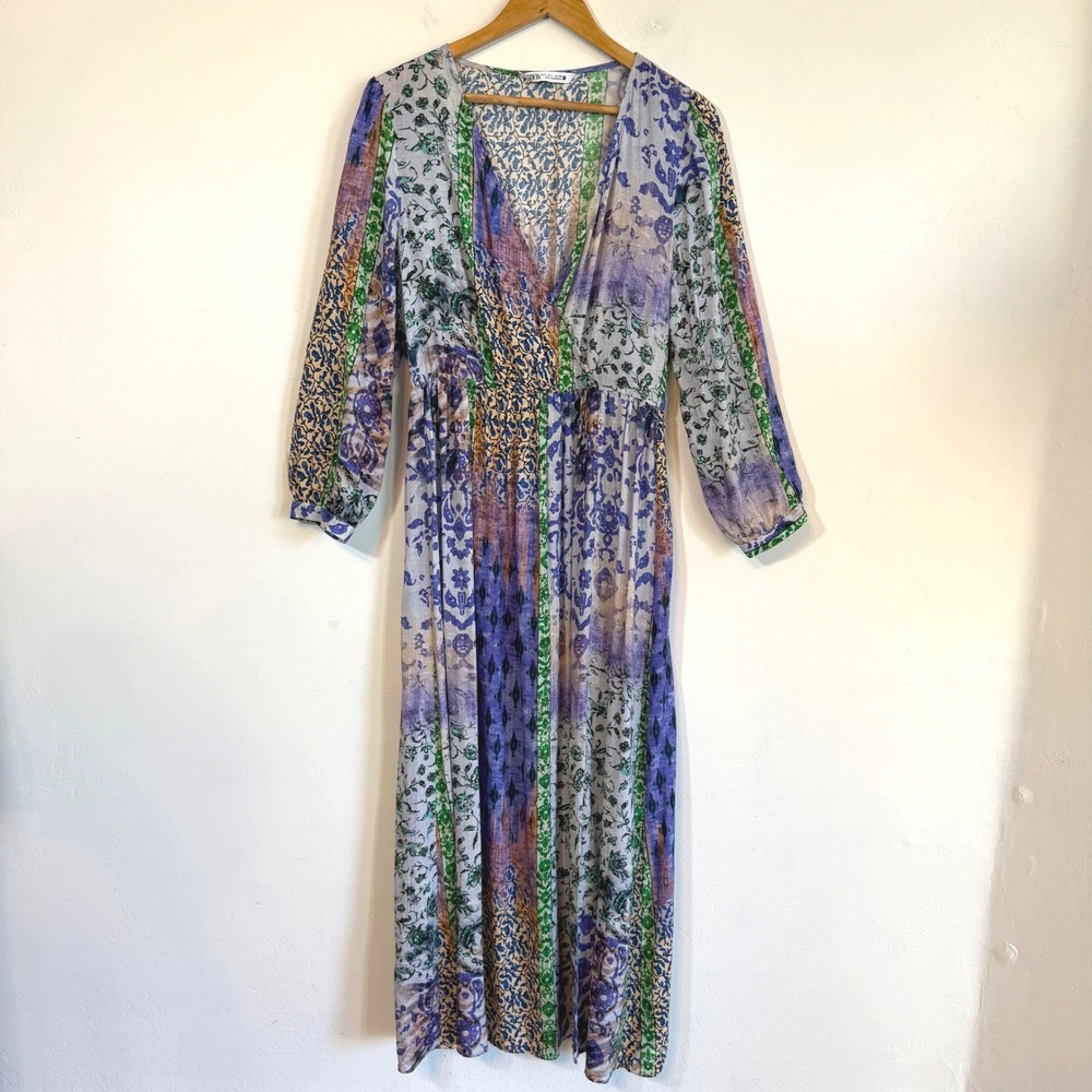 Zara Patchwork Floral Maxi Dress L Boho Long Sleeve Fairy Artsy Ethereal Flowy